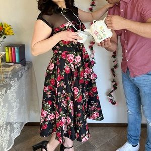 Unique Vintage size 4 black and pink floral sheer mesh circle skirt dress